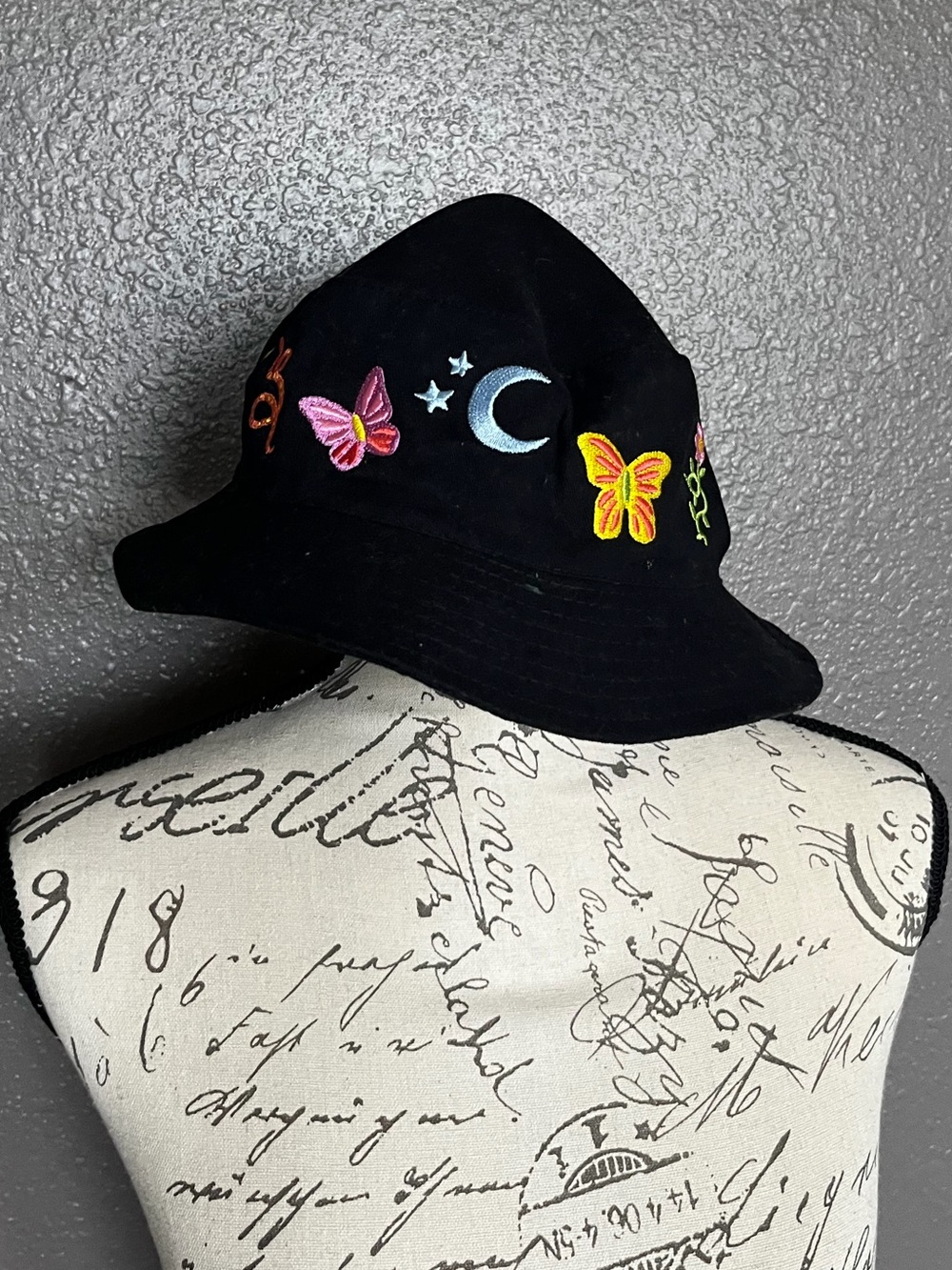 Women’s Embroidered Butterfly & Moon Black Bucket Hat